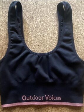 Outdoor Voices Seamless Black Sports Bra with Pink Band and Logo